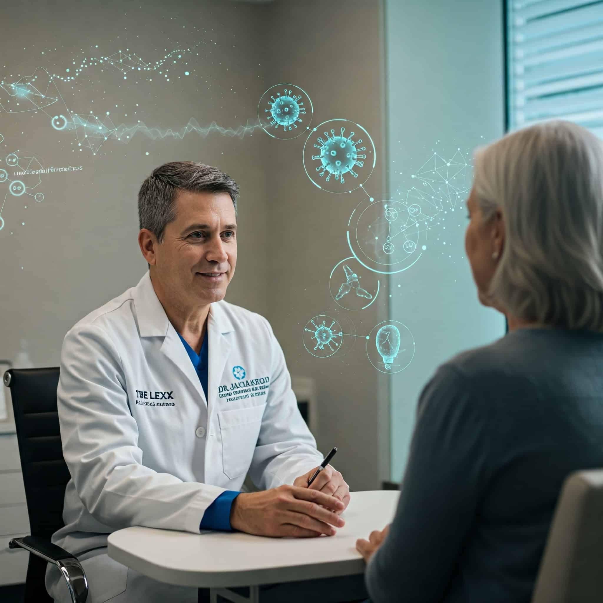 Futuristic doctor consoling a patient.